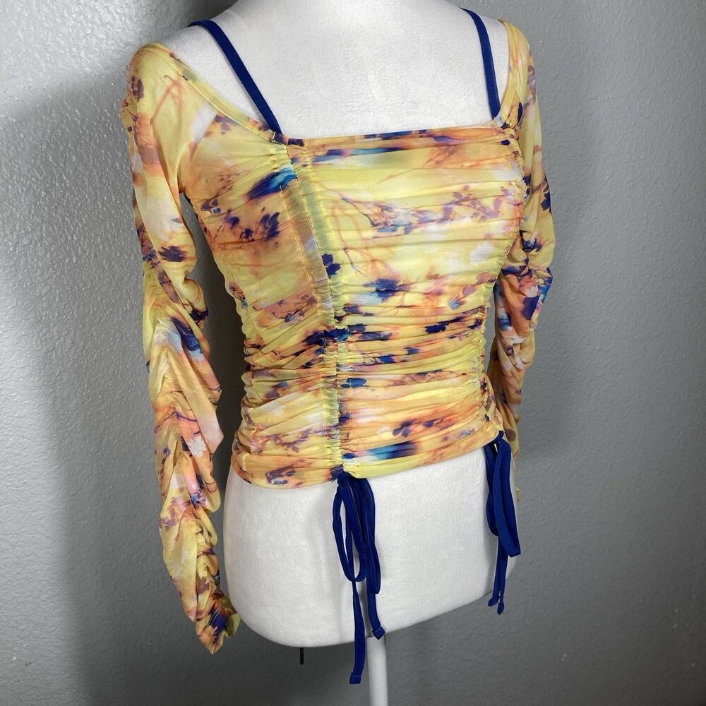 Womens Sheer Mesh Rave Festival Ruched Sleeve Top S Yellow Draw String Shirt